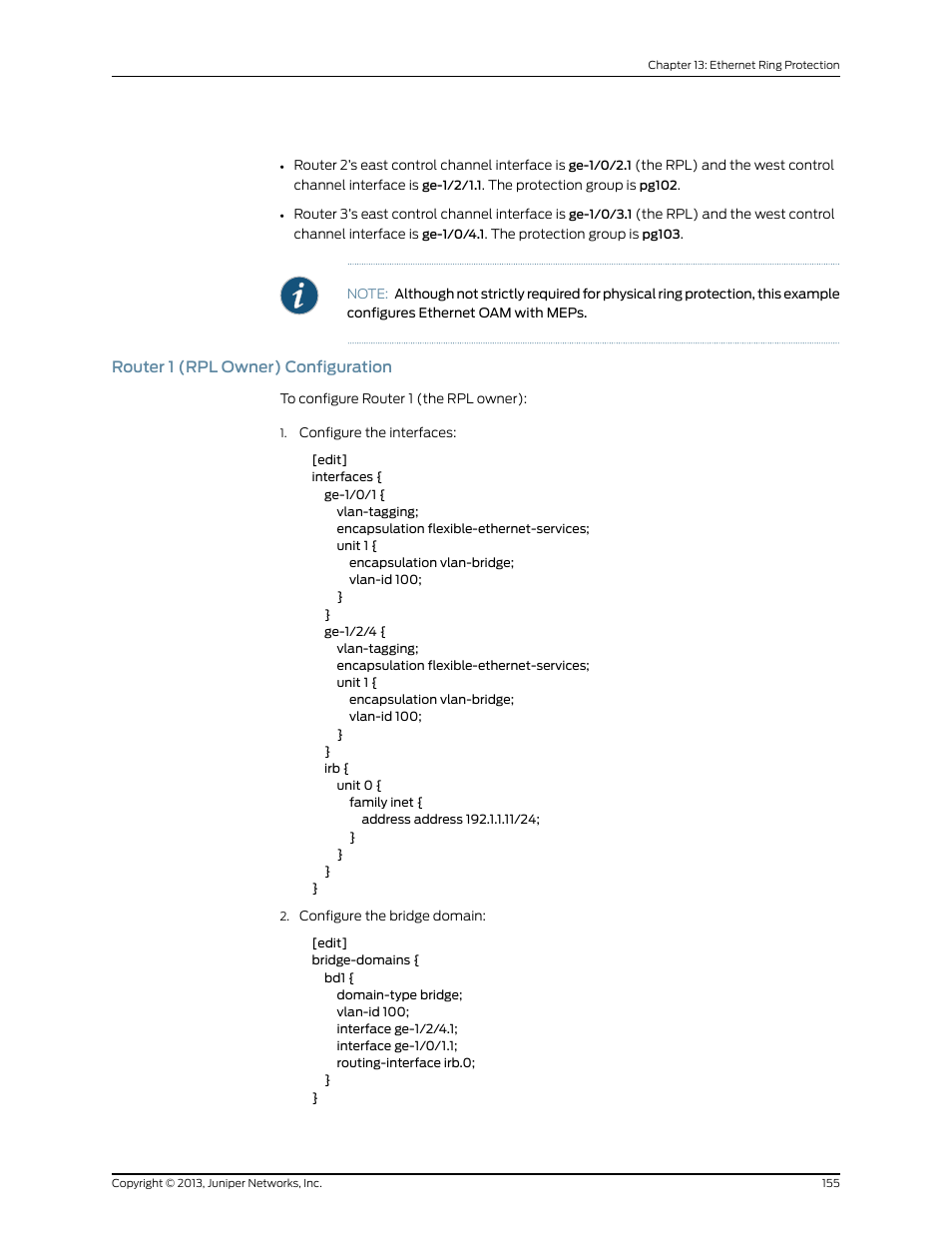 Router 1 (rpl owner) configuration | Juniper Networks JUNOS OS 10.4 User Manual | Page 175 / 208