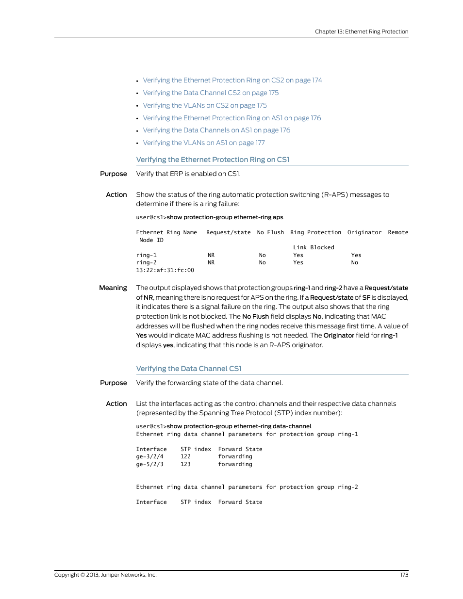 Verifying the ethernet protection ring on cs1, Verifying the data channel cs1 | Juniper Networks JUNOS OS 10.4 User Manual | Page 193 / 208