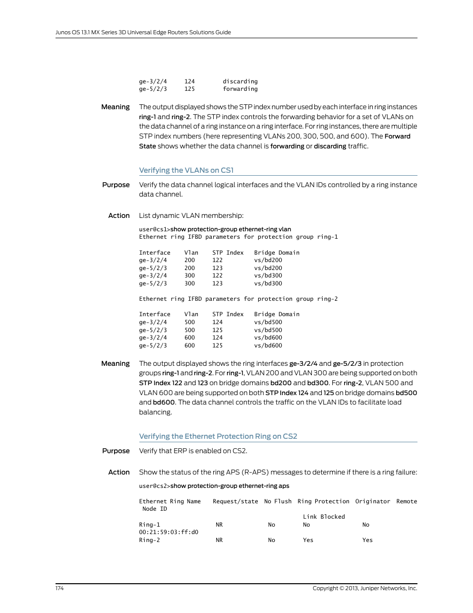 Verifying the vlans on cs1, Verifying the ethernet protection ring on cs2 | Juniper Networks JUNOS OS 10.4 User Manual | Page 194 / 208
