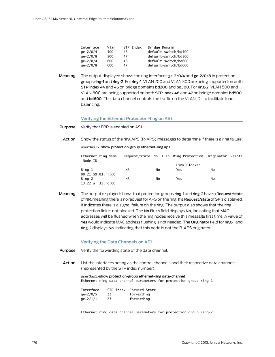 Verifying the ethernet protection ring on as1, Verifying the data channels on as1 | Juniper Networks JUNOS OS 10.4 User Manual | Page 196 / 208
