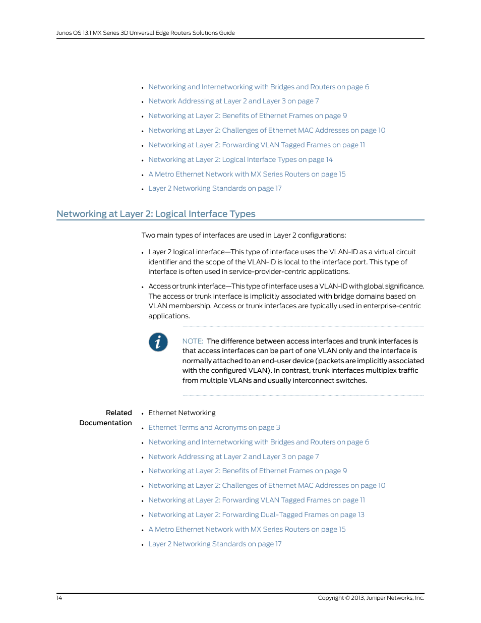 Networking at layer 2: logical interface types | Juniper Networks JUNOS OS 10.4 User Manual | Page 34 / 208