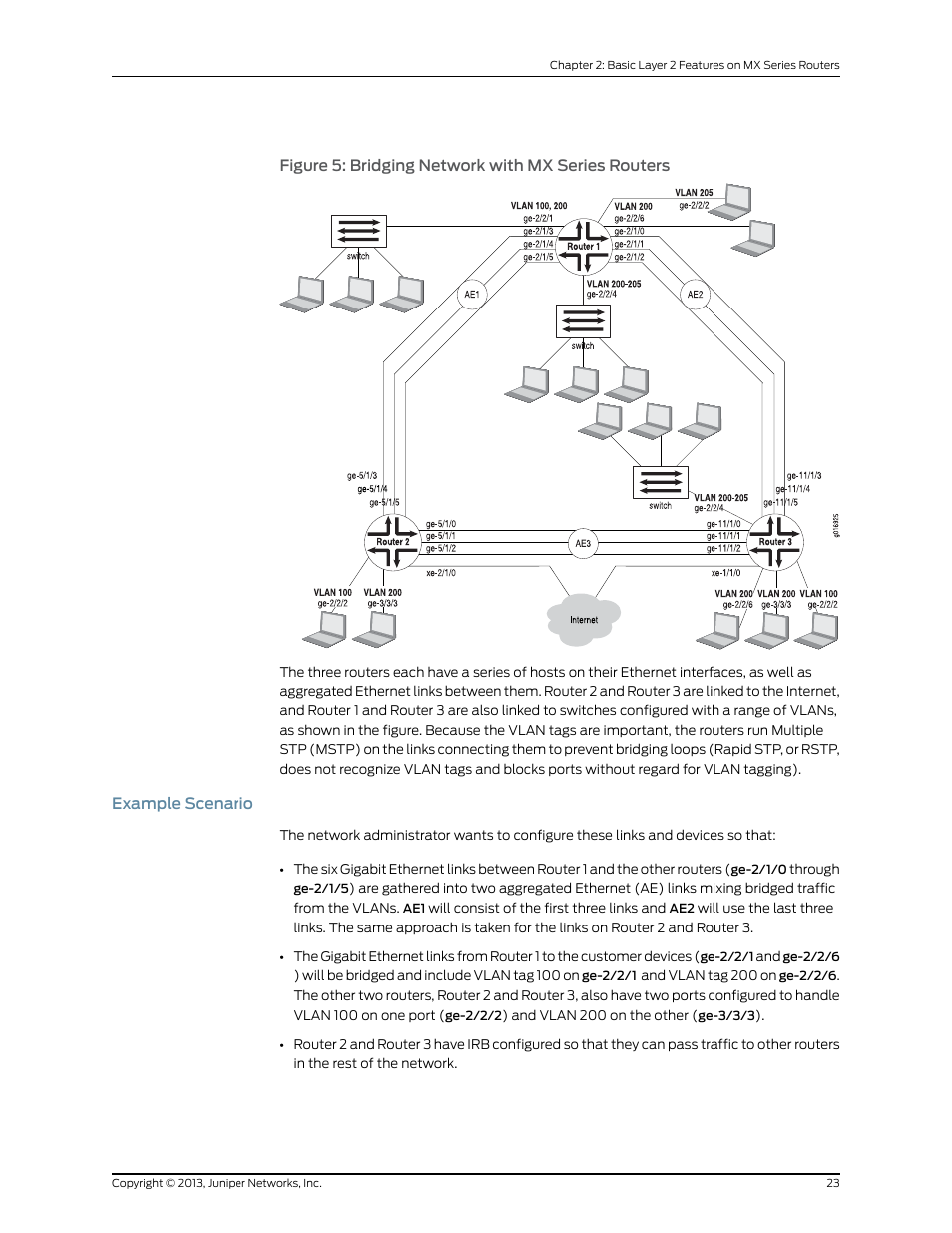 Example scenario, Figure 5: bridging network with mx series routers | Juniper Networks JUNOS OS 10.4 User Manual | Page 43 / 208