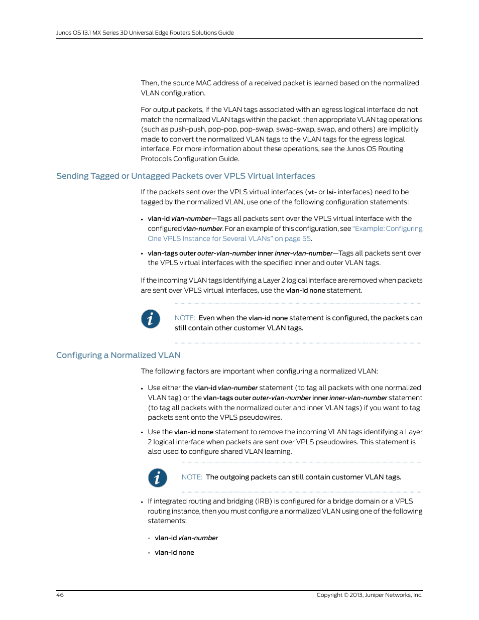 Configuring a normalized vlan, 46 configuring a normalized vlan | Juniper Networks JUNOS OS 10.4 User Manual | Page 66 / 208