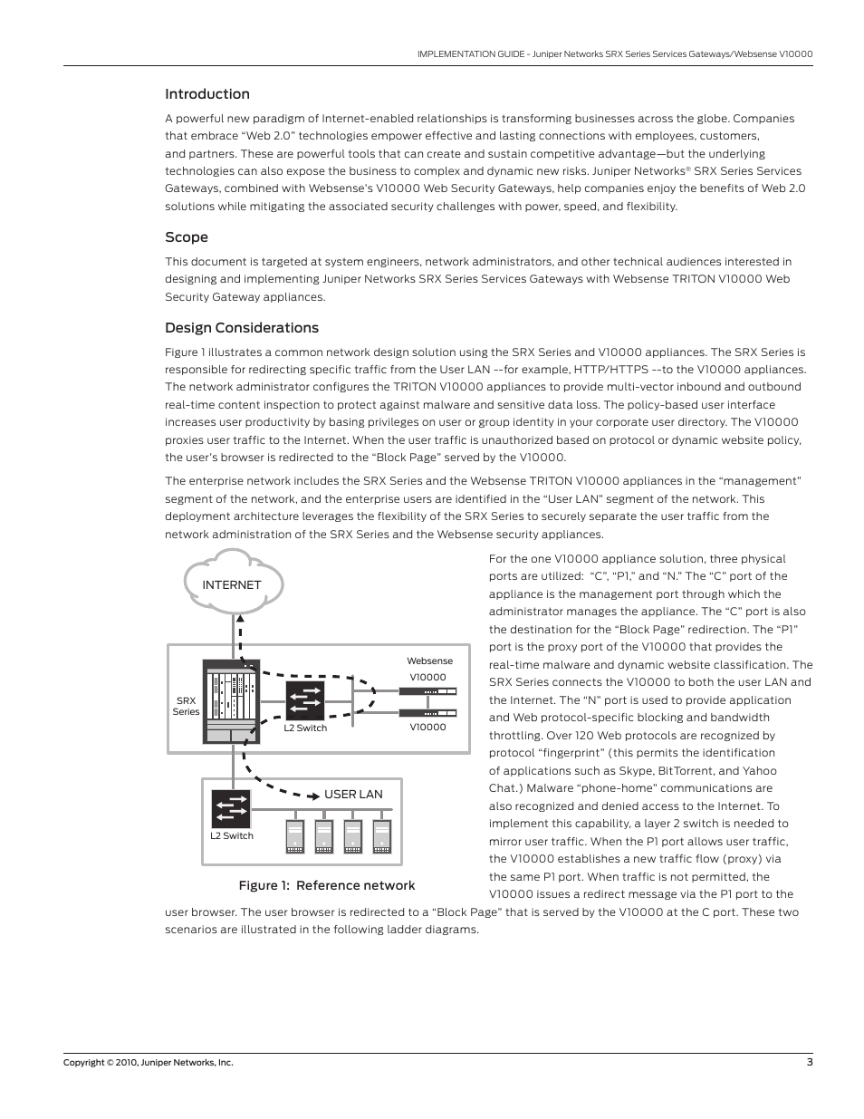 Introduction, Scope, Design considerations | Figure 1: reference network | Juniper Networks V10000 User Manual | Page 3 / 12