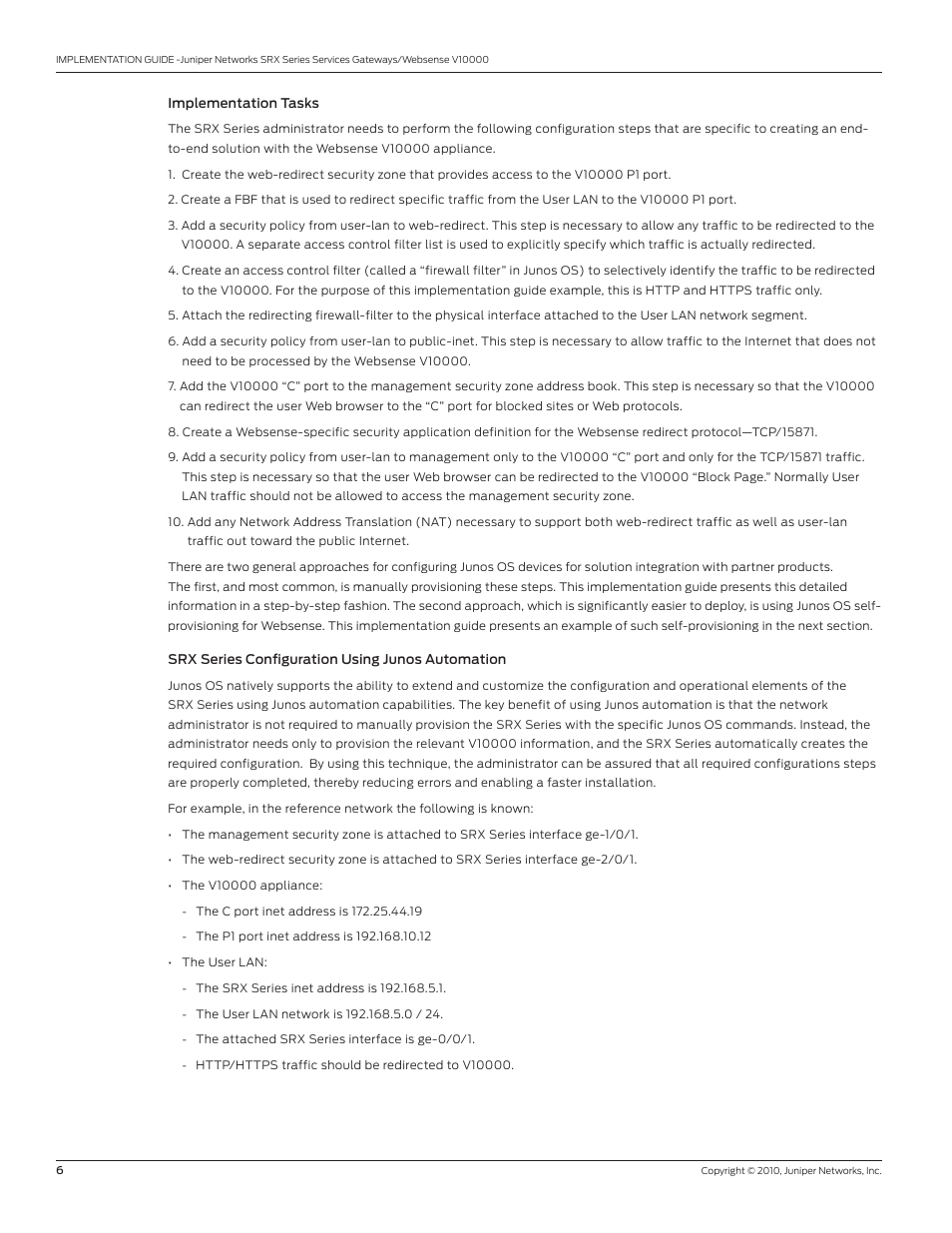 Implementation tasks, Srx series configuration using junos automation | Juniper Networks V10000 User Manual | Page 6 / 12