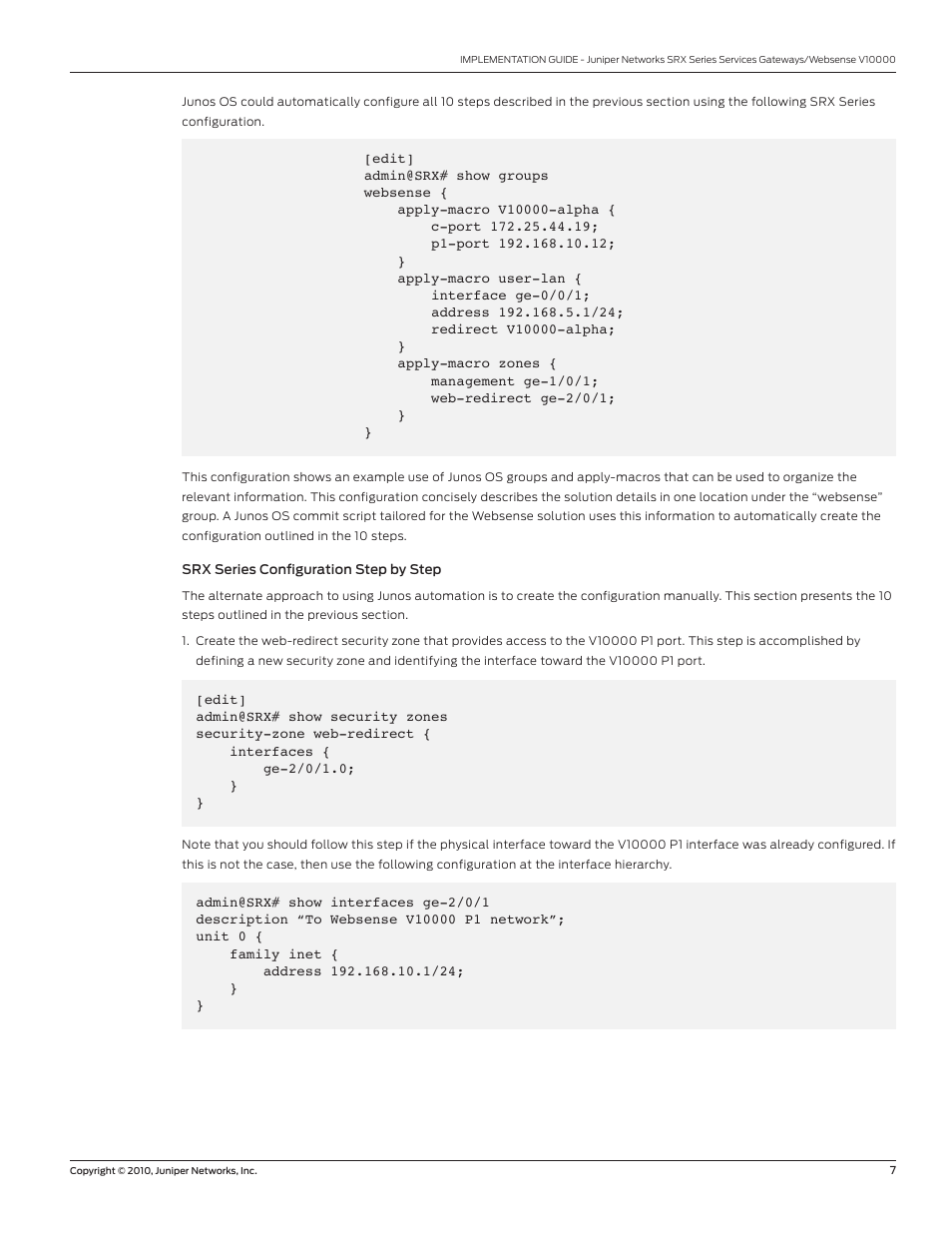 Srx series configuration step by step | Juniper Networks V10000 User Manual | Page 7 / 12
