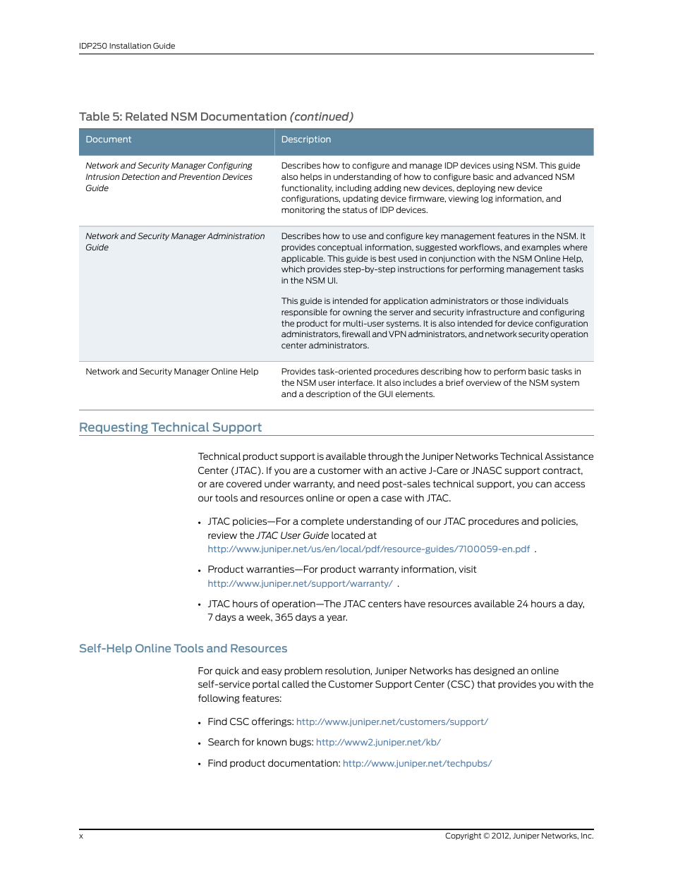 Requesting technical support, Self-help online tools and resources | Juniper Networks IDP SERIES IDP250 User Manual | Page 10 / 78