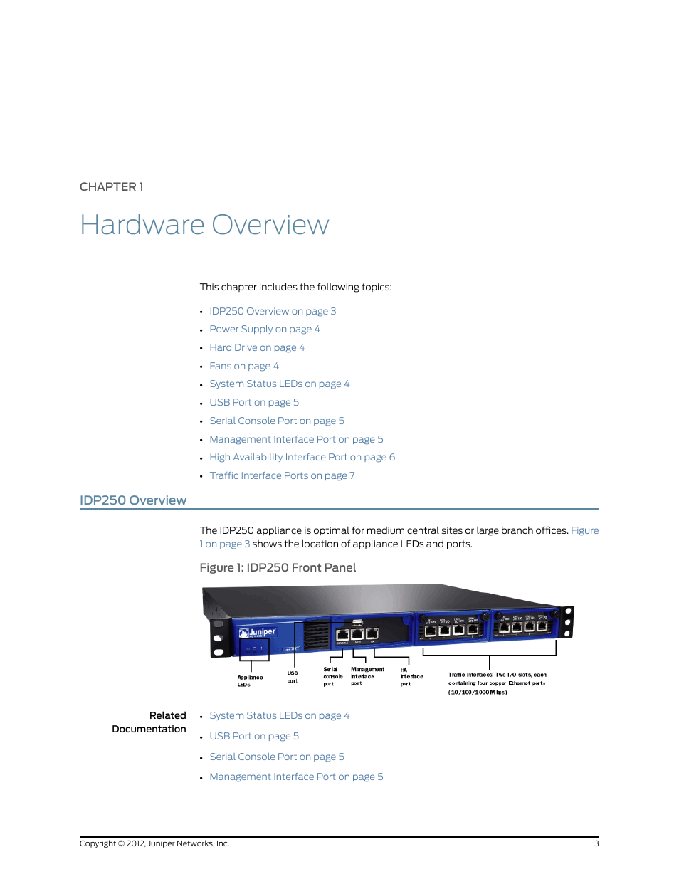 Chapter 1: hardware overview, Idp250 overview, Chapter 1 | Hardware overview | Juniper Networks IDP SERIES IDP250 User Manual | Page 15 / 78