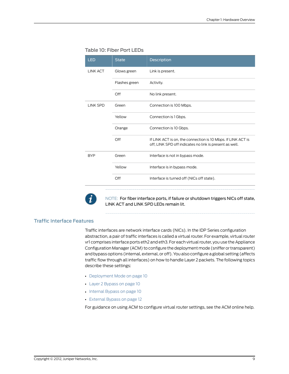 Traffic interface features, Table 10: fiber port leds | Juniper Networks IDP SERIES IDP250 User Manual | Page 21 / 78