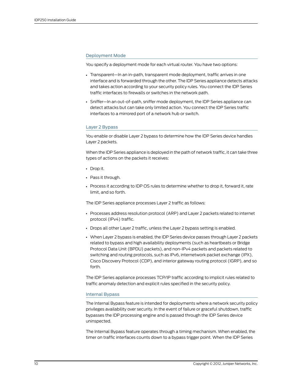 Deployment mode, Layer 2 bypass, Internal bypass | 10 layer 2 bypass, 10 internal bypass | Juniper Networks IDP SERIES IDP250 User Manual | Page 22 / 78