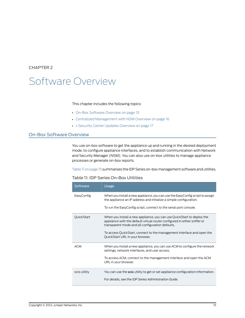 Chapter 2: software overview, On-box software overview, Chapter 2 | Software overview | Juniper Networks IDP SERIES IDP250 User Manual | Page 27 / 78