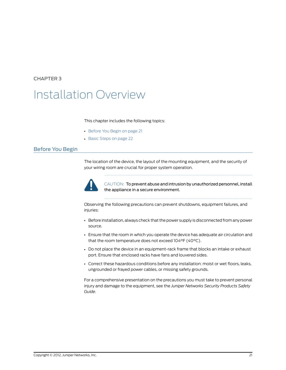 Chapter 3: installation overview, Before you begin, Chapter 3 | Installation overview | Juniper Networks IDP SERIES IDP250 User Manual | Page 33 / 78