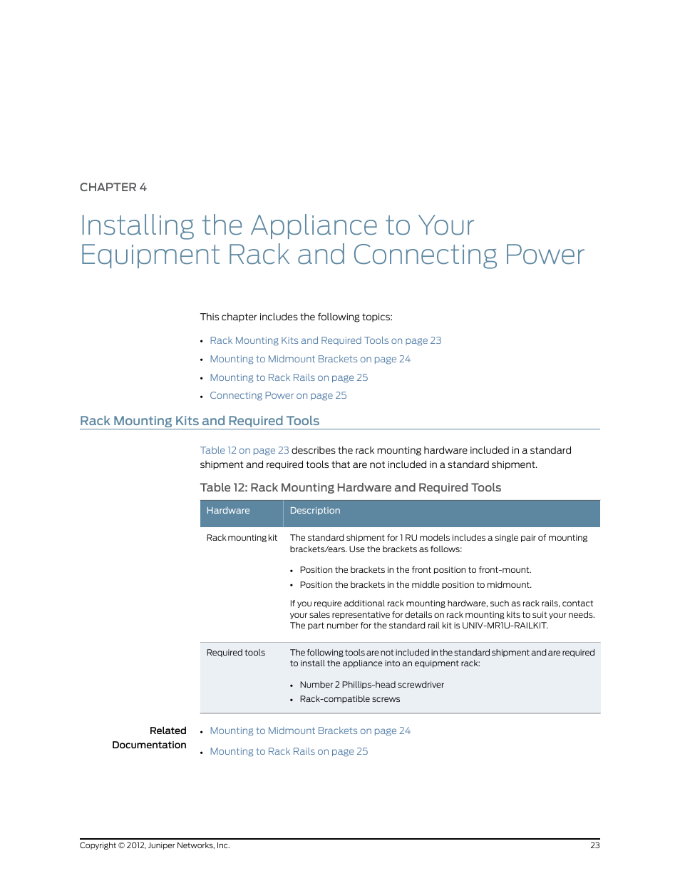 Rack mounting kits and required tools, Chapter 4 | Juniper Networks IDP SERIES IDP250 User Manual | Page 35 / 78