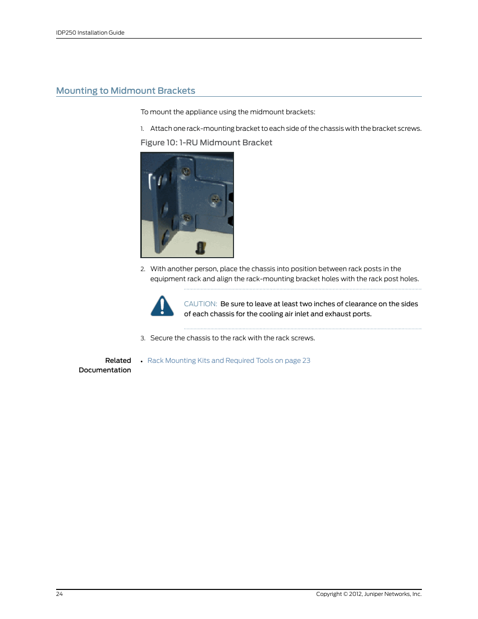 Mounting to midmount brackets | Juniper Networks IDP SERIES IDP250 User Manual | Page 36 / 78