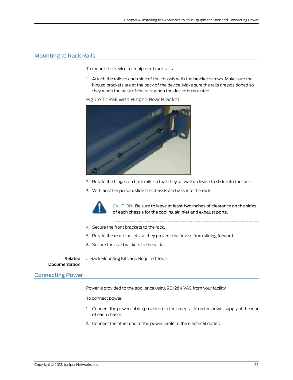Mounting to rack rails, Connecting power, 25 connecting power | Juniper Networks IDP SERIES IDP250 User Manual | Page 37 / 78