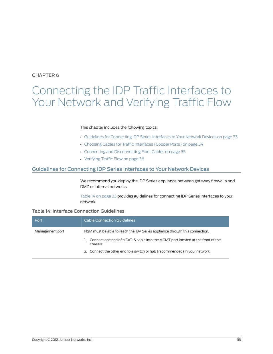 Chapter 6, Guidelines for connecting idp interfaces | Juniper Networks IDP SERIES IDP250 User Manual | Page 45 / 78
