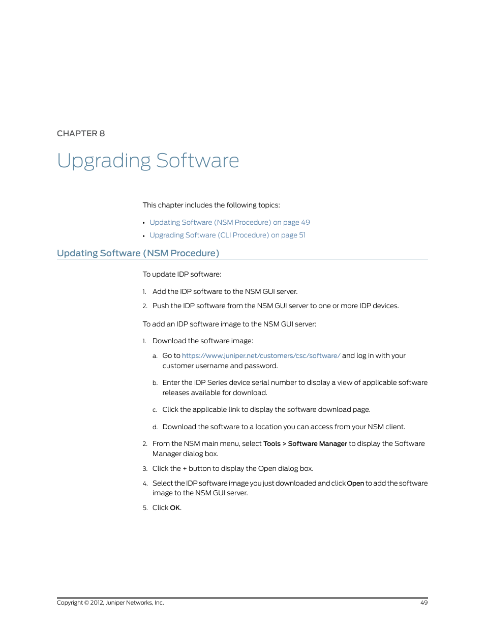 Chapter 8: upgrading software, Updating software (nsm procedure), Chapter 8 | Upgrading software, Updating software (nsm | Juniper Networks IDP SERIES IDP250 User Manual | Page 61 / 78