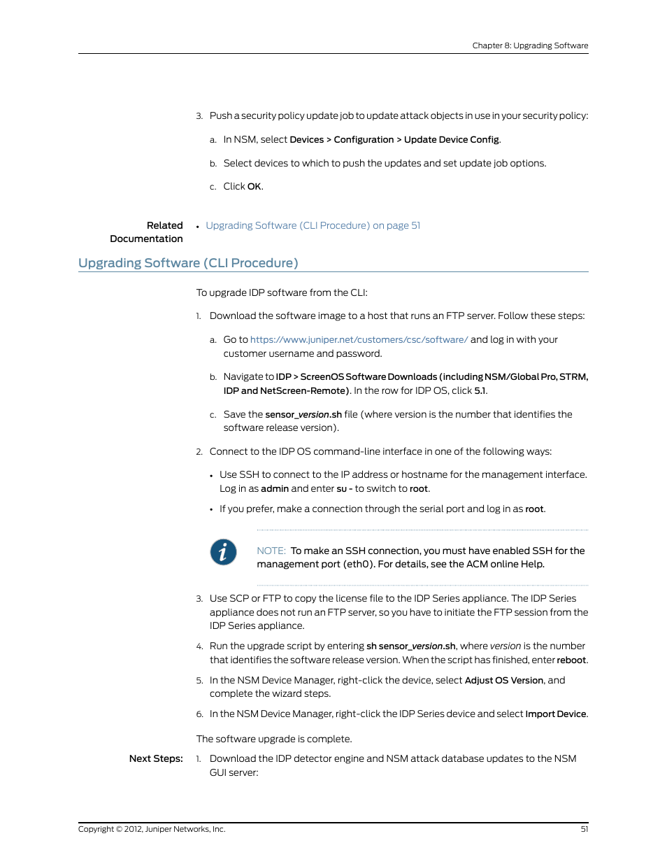 Upgrading software (cli procedure) | Juniper Networks IDP SERIES IDP250 User Manual | Page 63 / 78