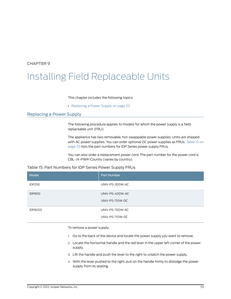 Chapter 9: installing field replaceable units, Replacing a power supply, Chapter 9 | Installing field replaceable units | Juniper Networks IDP SERIES IDP250 User Manual | Page 65 / 78