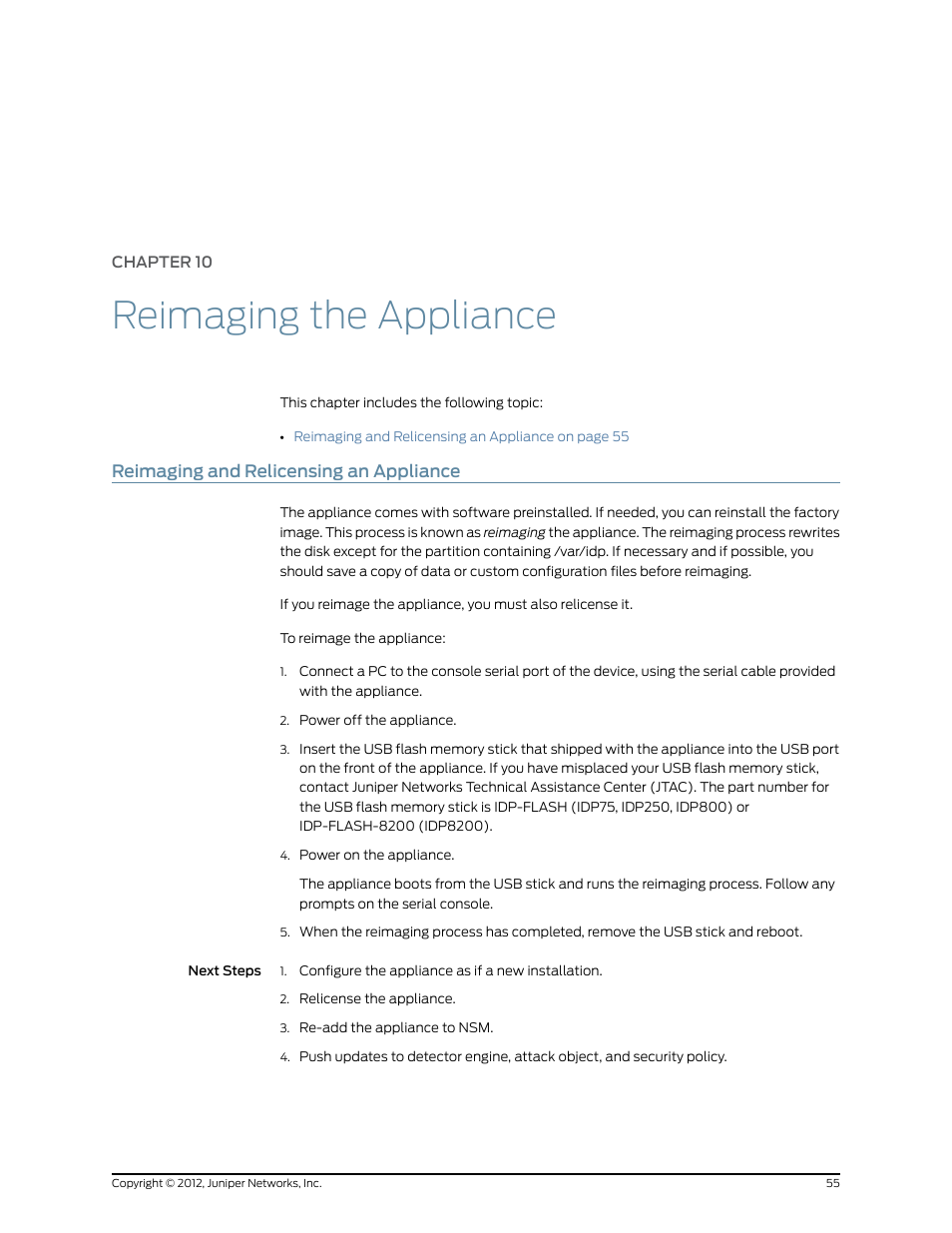Chapter 10: reimaging the appliance, Reimaging and relicensing an appliance, Chapter 10 | Reimaging the appliance | Juniper Networks IDP SERIES IDP250 User Manual | Page 67 / 78