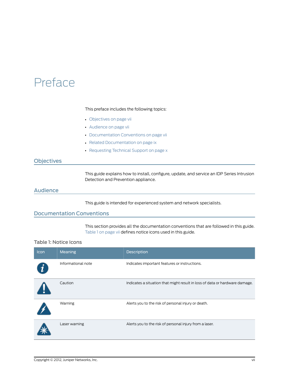 Preface, Objectives, Audience | Documentation conventions, Vii audience, Vii documentation conventions | Juniper Networks IDP SERIES IDP250 User Manual | Page 7 / 78