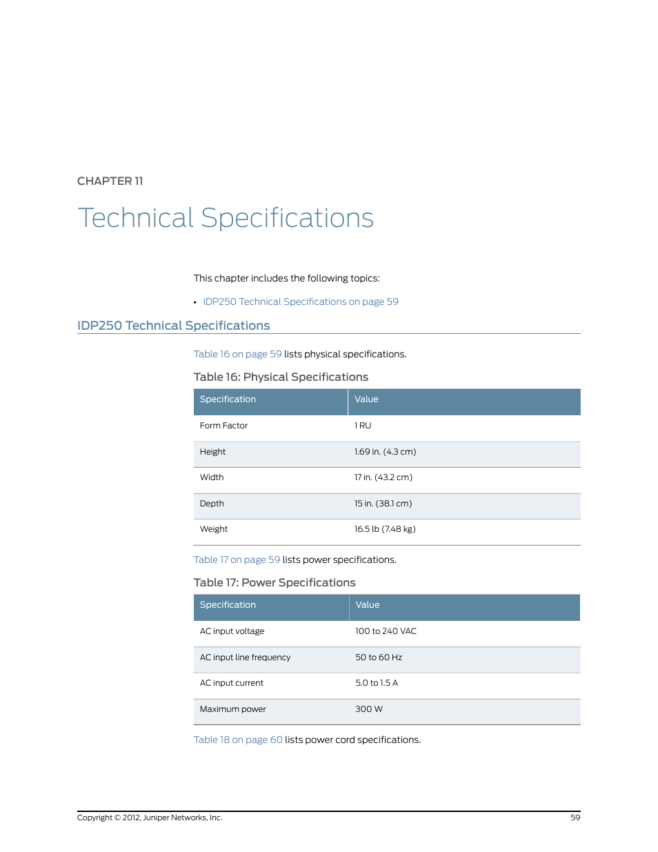 Chapter 11: technical specifications, Idp250 technical specifications, Chapter 11 | Technical specifications | Juniper Networks IDP SERIES IDP250 User Manual | Page 71 / 78