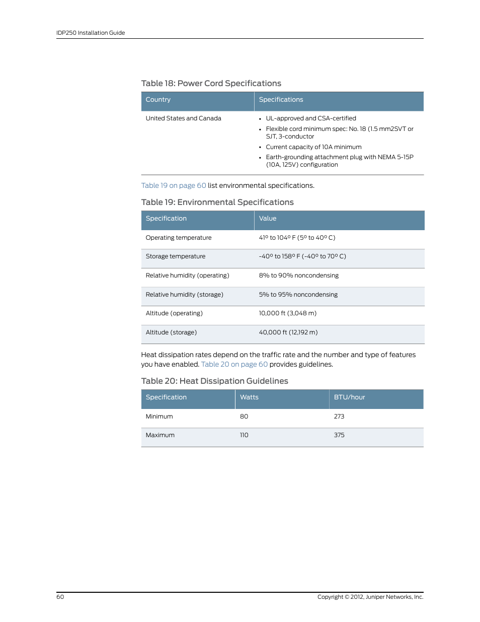 Table 18: power cord specifications, Table 19: environmental specifications, Table 20: heat dissipation guidelines | Juniper Networks IDP SERIES IDP250 User Manual | Page 72 / 78