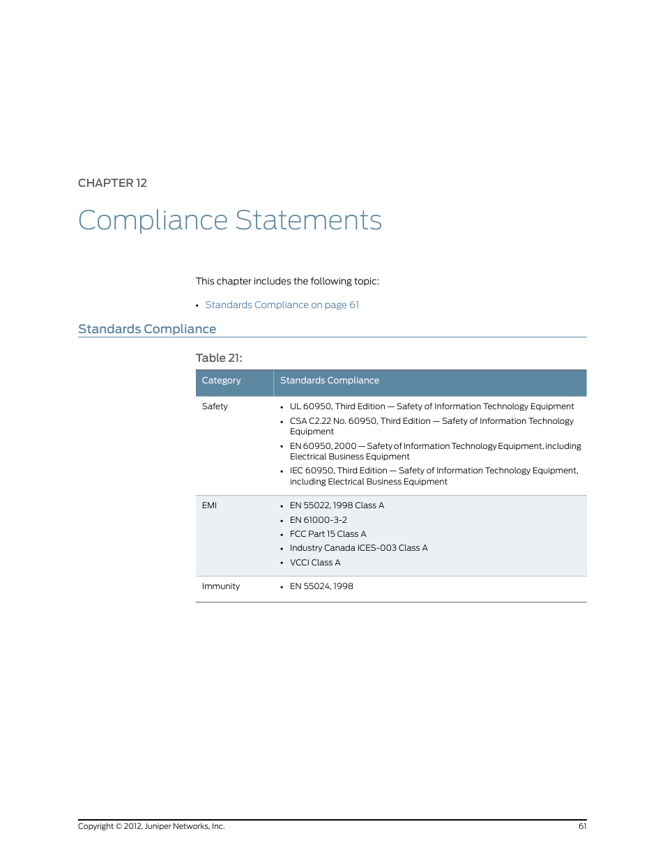 Chapter 12: compliance statements, Standards compliance, Chapter 12 | Compliance statements | Juniper Networks IDP SERIES IDP250 User Manual | Page 73 / 78