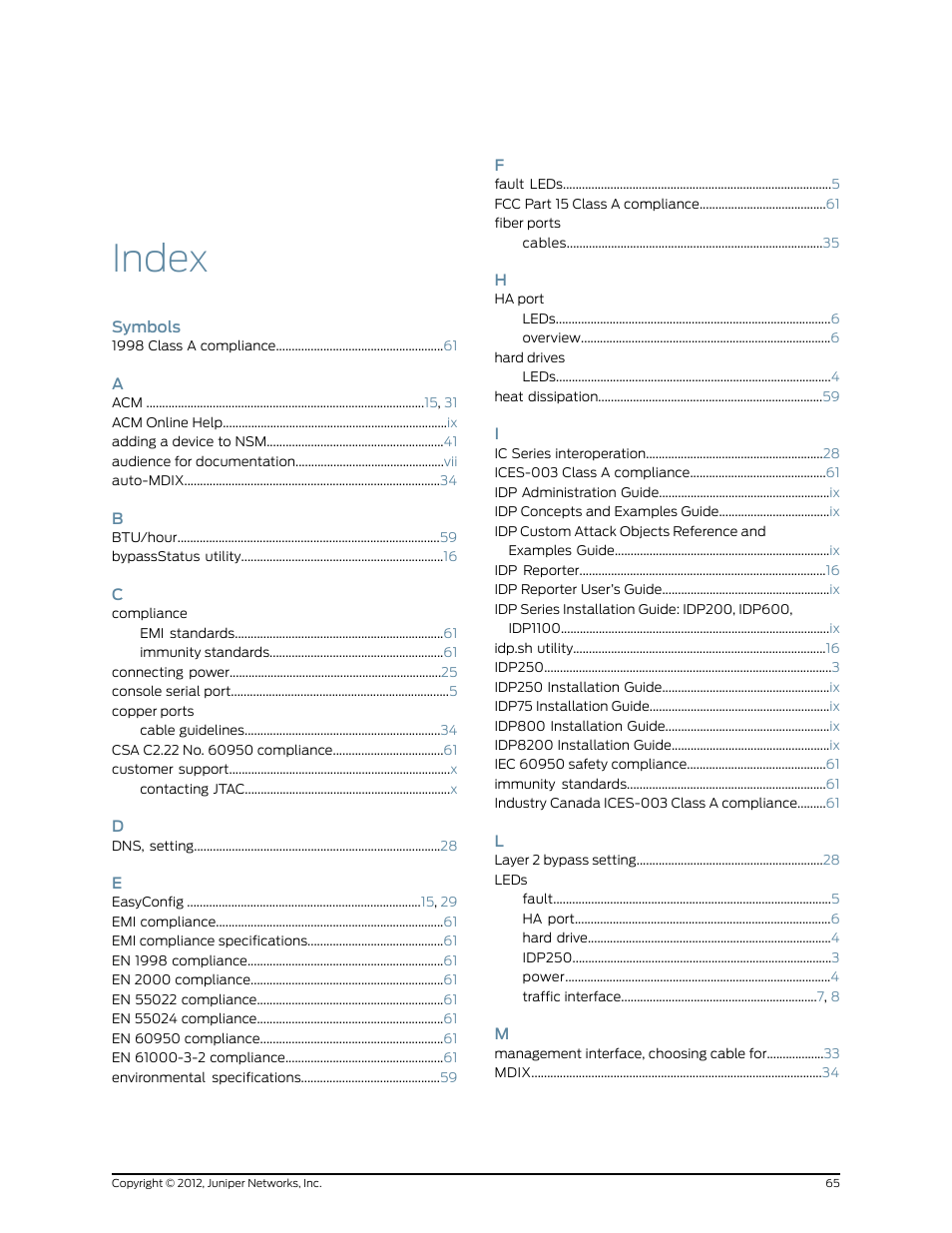 Index, Symbols | Juniper Networks IDP SERIES IDP250 User Manual | Page 77 / 78