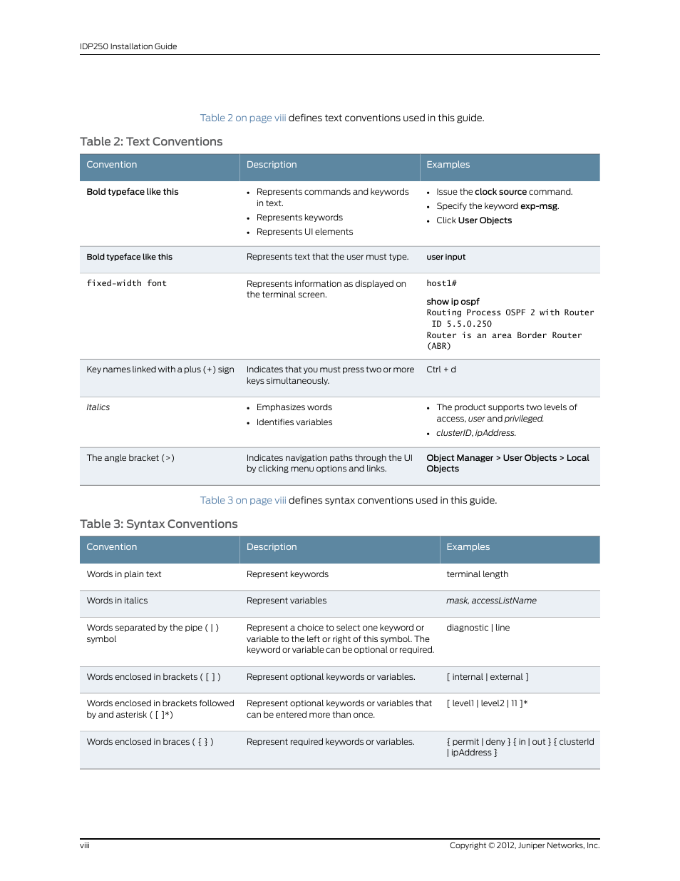 Table 2: text conventions, Table 3: syntax conventions | Juniper Networks IDP SERIES IDP250 User Manual | Page 8 / 78