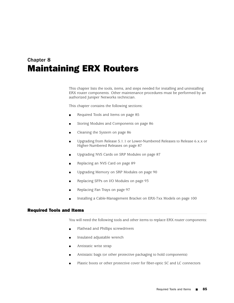 Maintaining erx routers, Required tools and items, Chapter 8 | Juniper Networks ERX Hardware 8 User Manual | Page 103 / 183