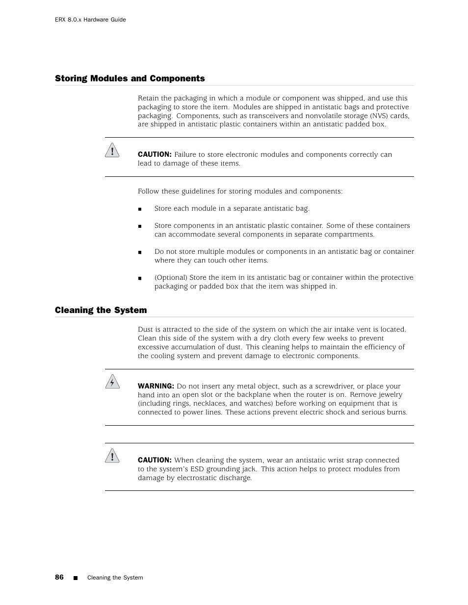 Storing modules and components, Cleaning the system | Juniper Networks ERX Hardware 8 User Manual | Page 104 / 183