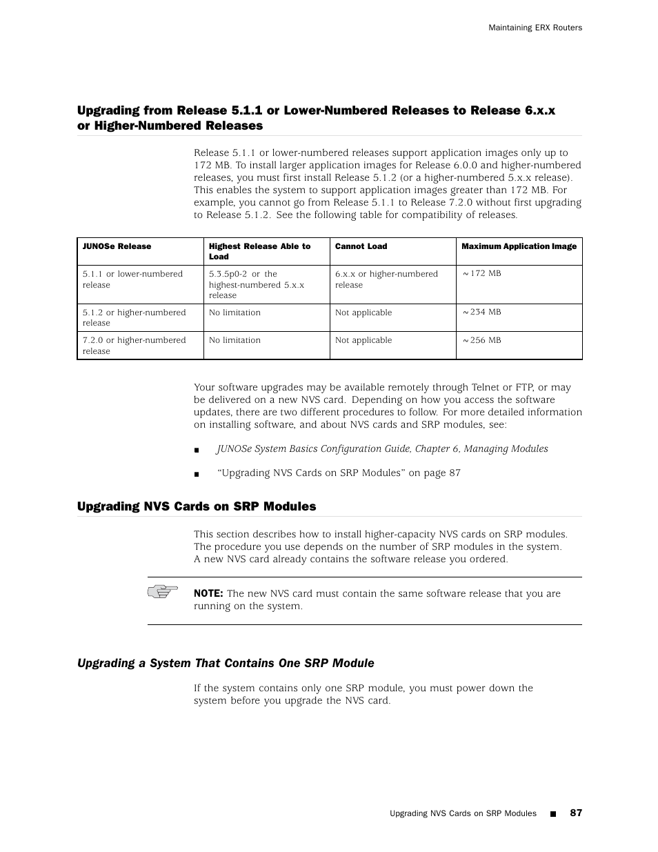 Upgrading nvs cards on srp modules, Upgrading a system that contains one srp module, Upgrading from r | Juniper Networks ERX Hardware 8 User Manual | Page 105 / 183