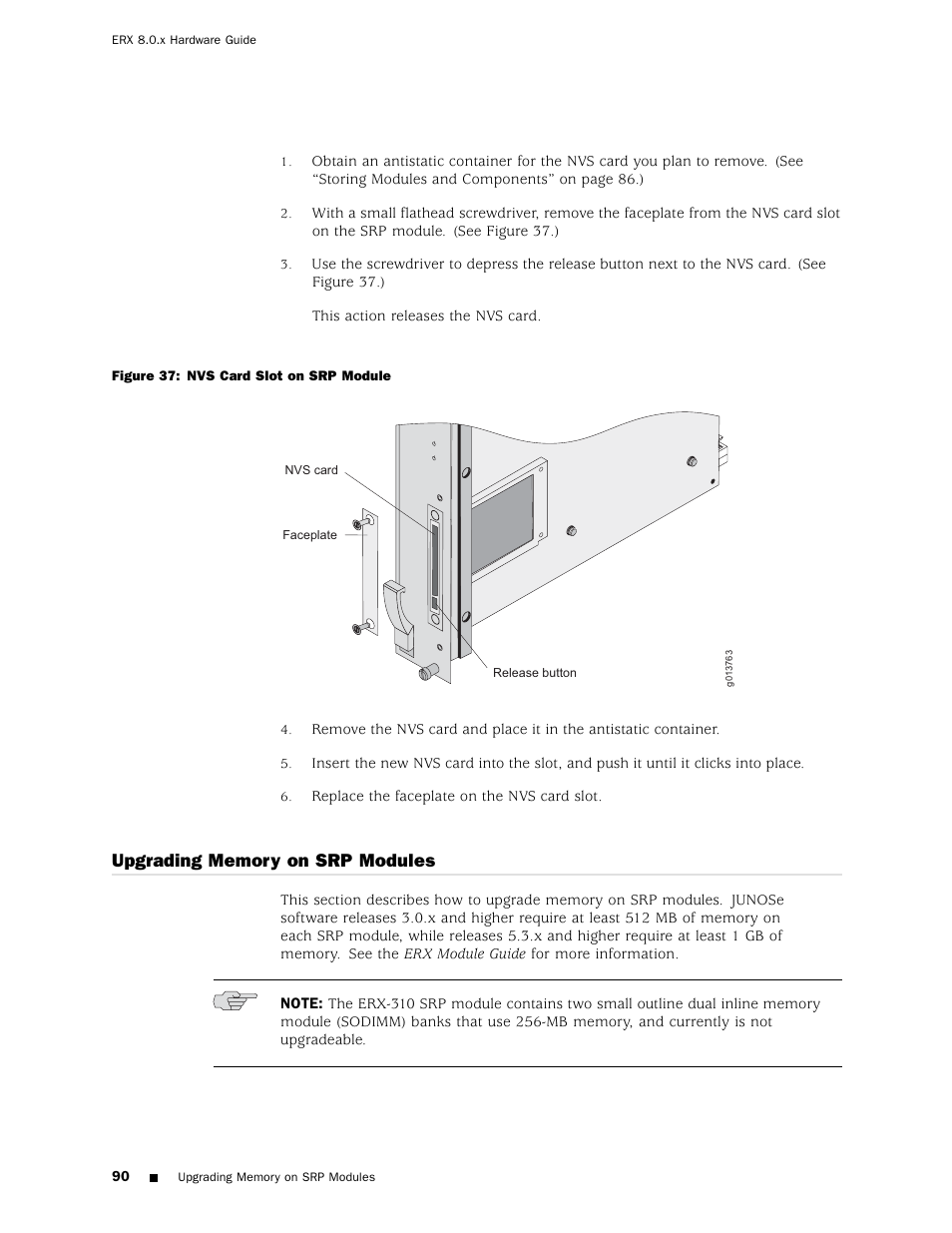 Upgrading memory on srp modules | Juniper Networks ERX Hardware 8 User Manual | Page 108 / 183