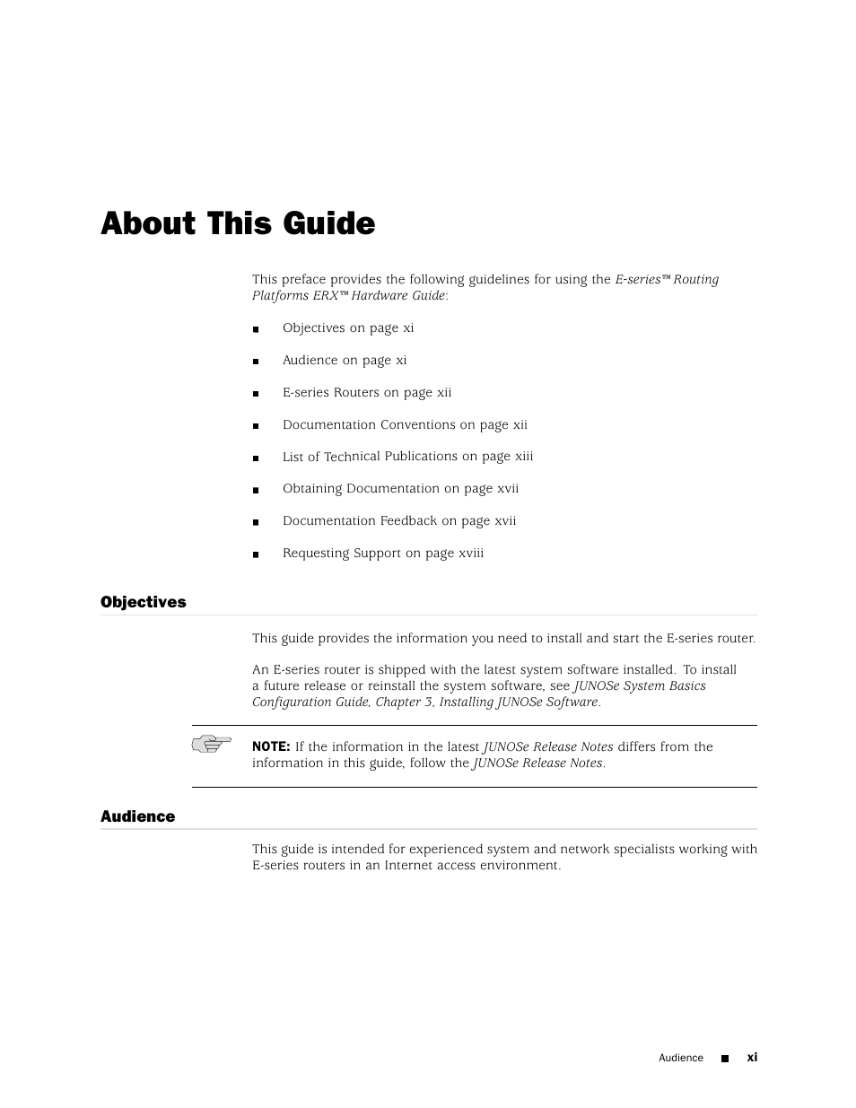 About this guide, Objectives, Audience | Juniper Networks ERX Hardware 8 User Manual | Page 11 / 183