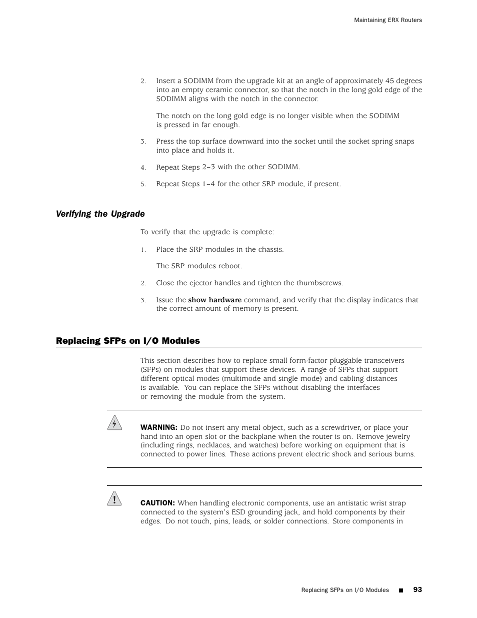 Verifying the upgrade, Replacing sfps on i/o modules | Juniper Networks ERX Hardware 8 User Manual | Page 111 / 183