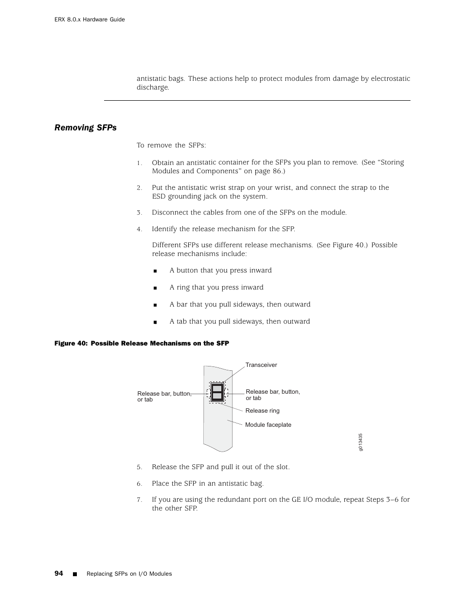 Removing sfps | Juniper Networks ERX Hardware 8 User Manual | Page 112 / 183