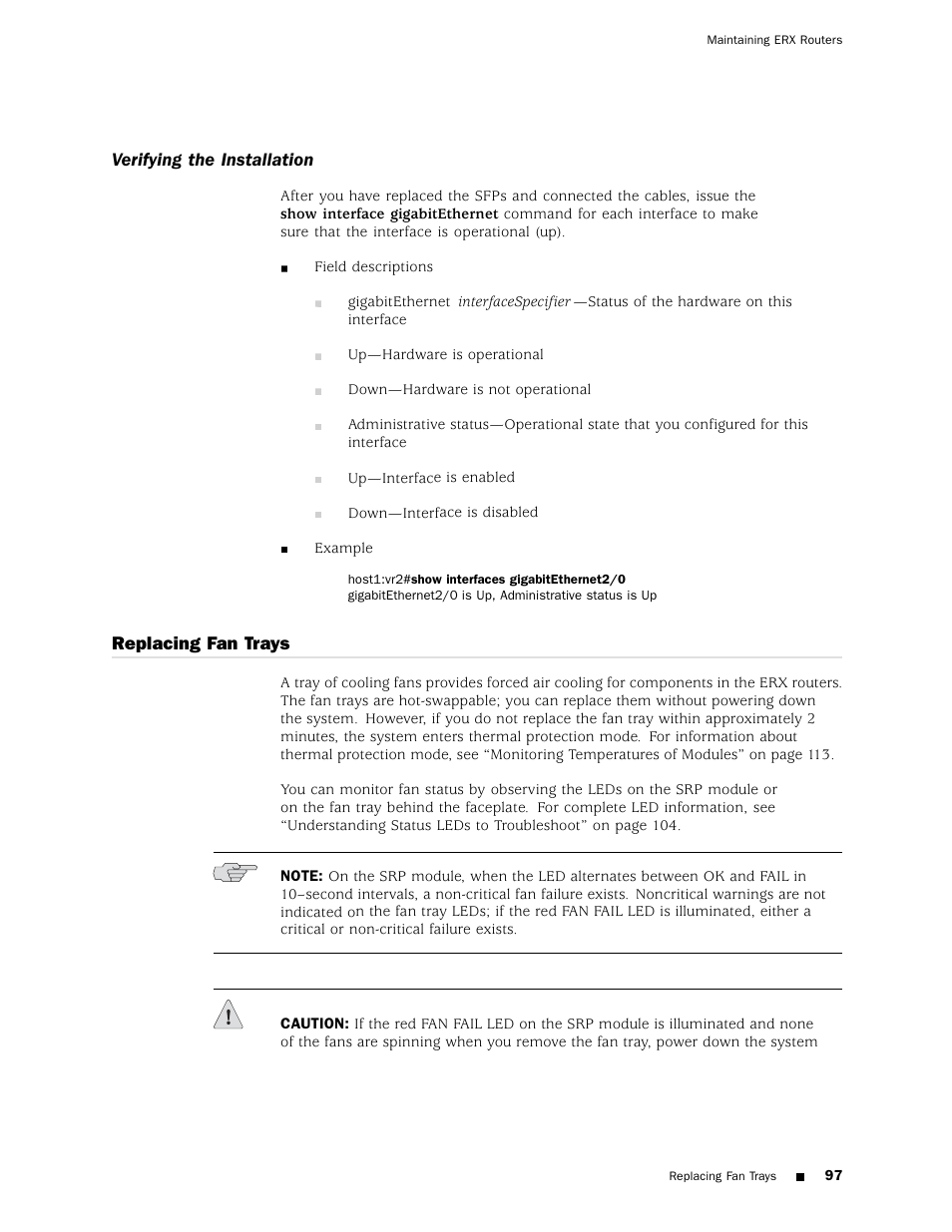 Verifying the installation, Replacing fan trays | Juniper Networks ERX Hardware 8 User Manual | Page 115 / 183
