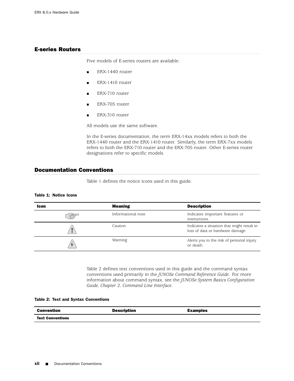 E-series routers, Documentation conventions | Juniper Networks ERX Hardware 8 User Manual | Page 12 / 183
