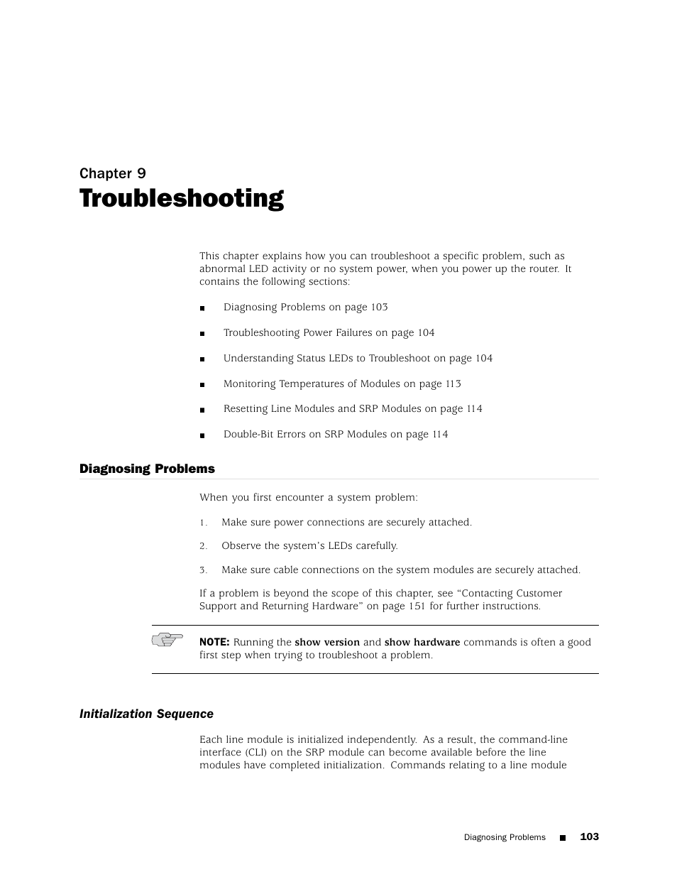 Troubleshooting, Diagnosing problems, Initialization sequence | Troubleshooting power failures, Chapter 9 | Juniper Networks ERX Hardware 8 User Manual | Page 121 / 183
