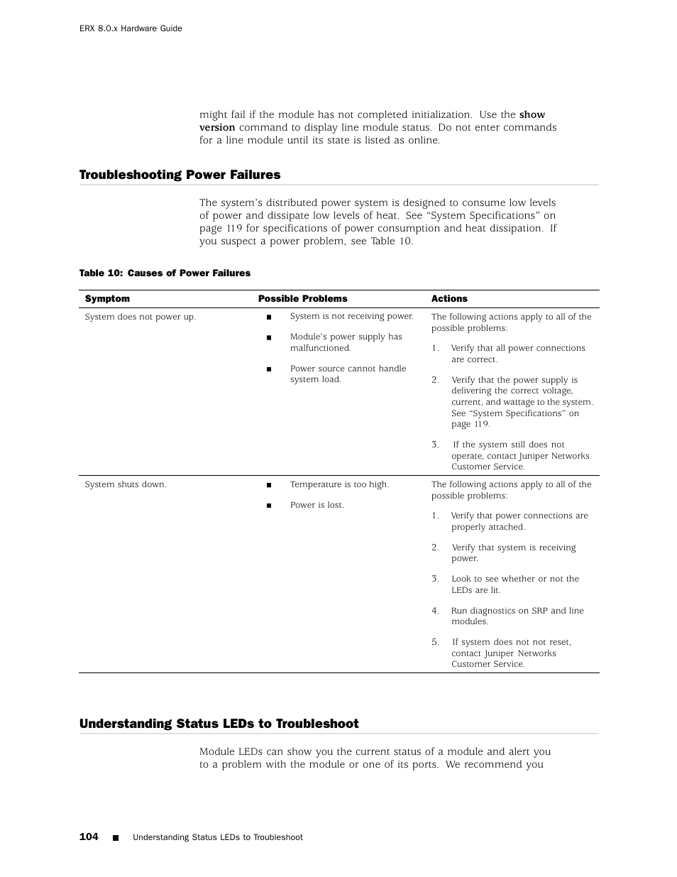 Understanding status leds to troubleshoot, Led identification, Troubleshooting power failures | Juniper Networks ERX Hardware 8 User Manual | Page 122 / 183