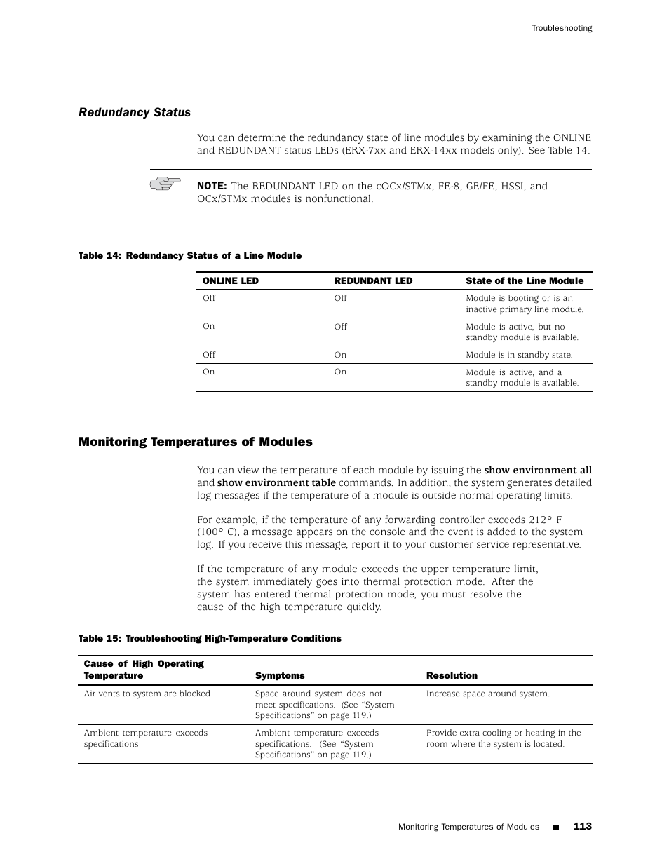 Redundancy status, Monitoring temperatures of modules | Juniper Networks ERX Hardware 8 User Manual | Page 131 / 183