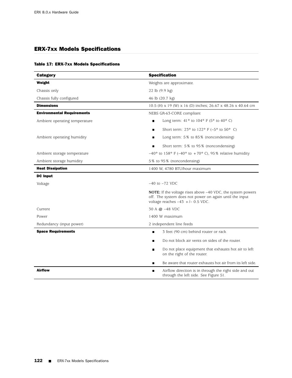 Erx-7xx models specifications | Juniper Networks ERX Hardware 8 User Manual | Page 140 / 183