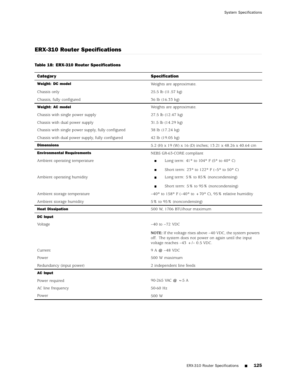 Erx-310 router specifications | Juniper Networks ERX Hardware 8 User Manual | Page 143 / 183
