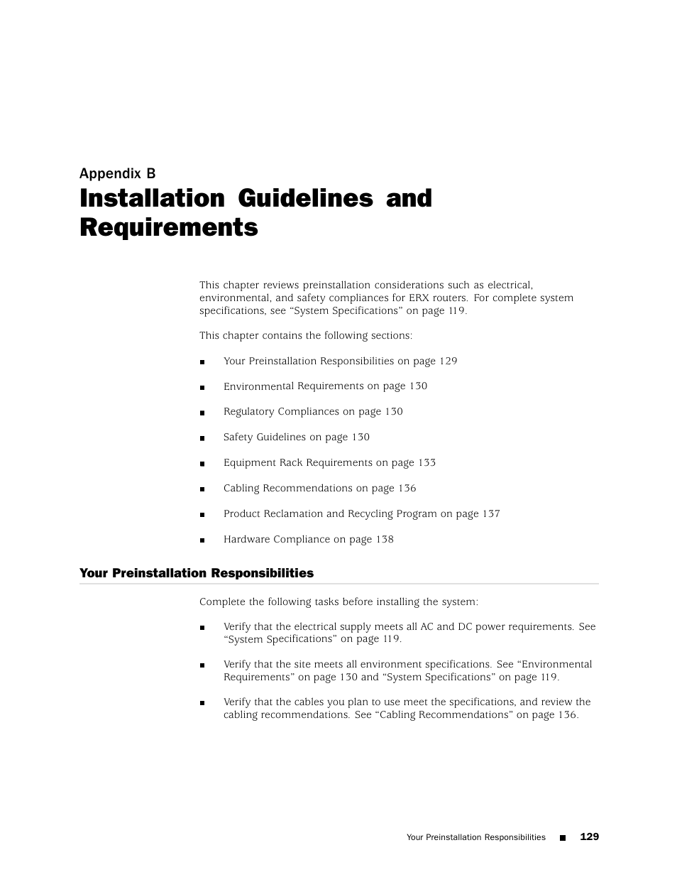 Installation guidelines and requirements, Your preinstallation responsibilities, Installation guidelin | Installation guidelines, Appendix b | Juniper Networks ERX Hardware 8 User Manual | Page 147 / 183