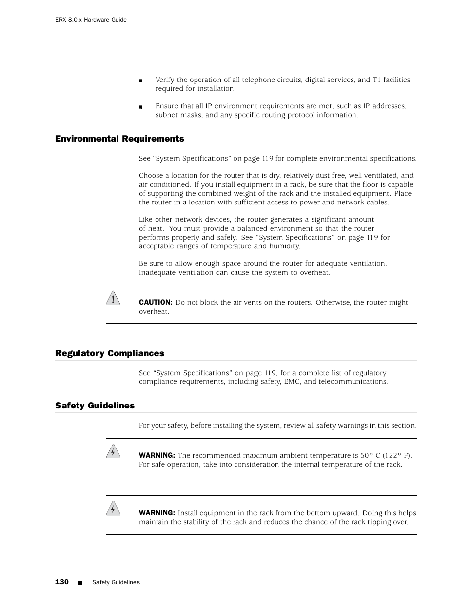 Environmental requirements, Regulatory compliances, Safety guidelines | Environmental | Juniper Networks ERX Hardware 8 User Manual | Page 148 / 183