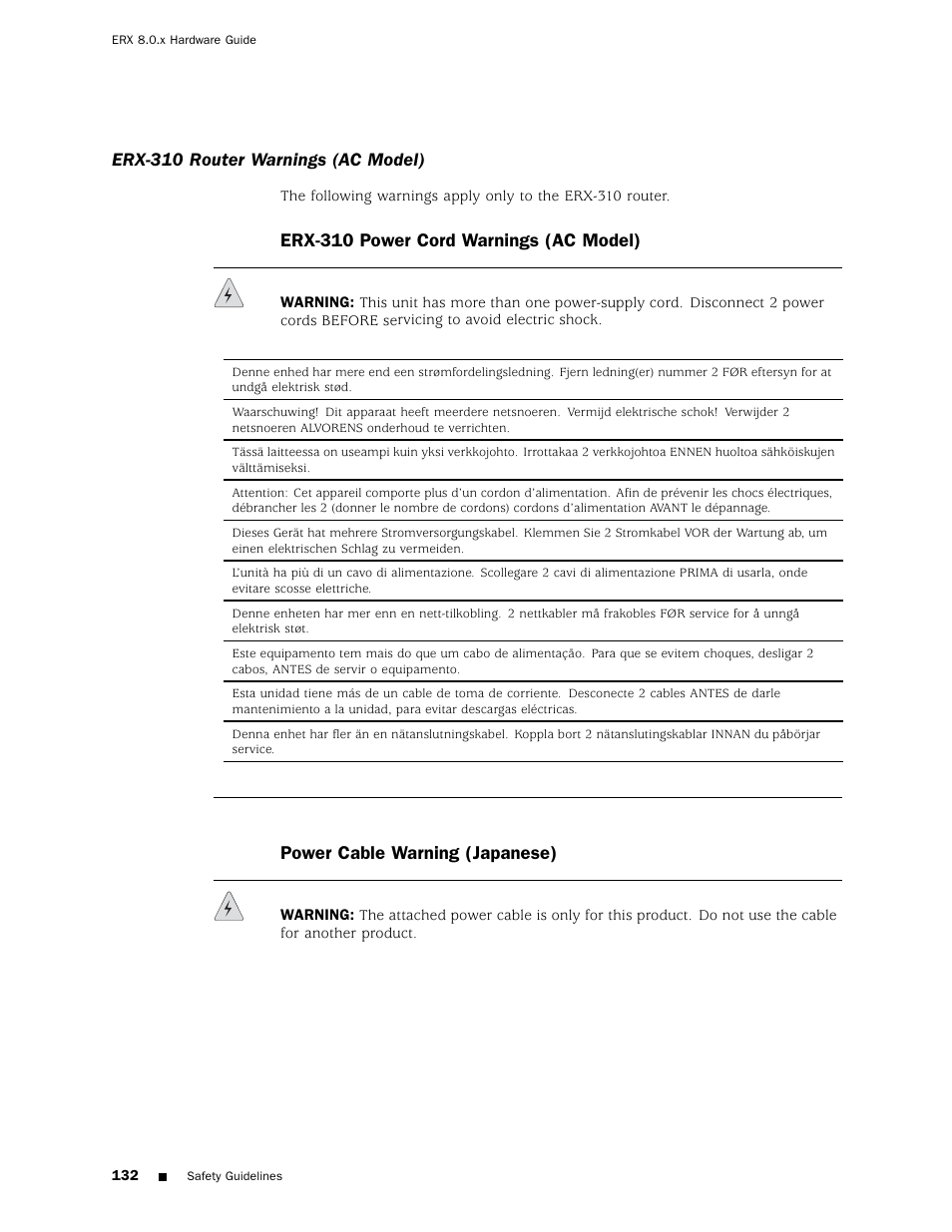 Erx-310 router warnings (ac model), Erx-310 power cord warnings (ac model), Power cable warning (japanese) | Juniper Networks ERX Hardware 8 User Manual | Page 150 / 183