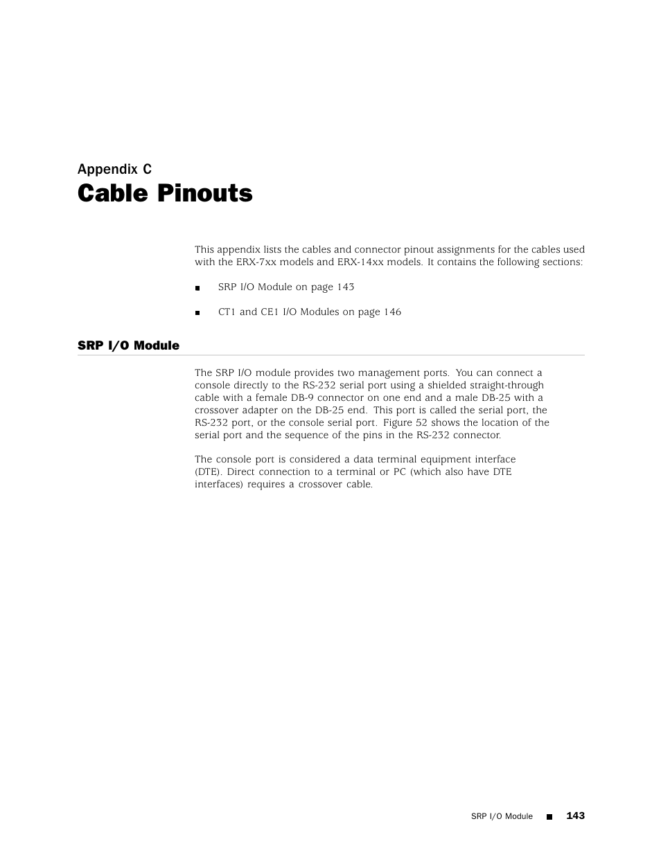 Cable pinouts, Srp i/o module | Juniper Networks ERX Hardware 8 User Manual | Page 161 / 183