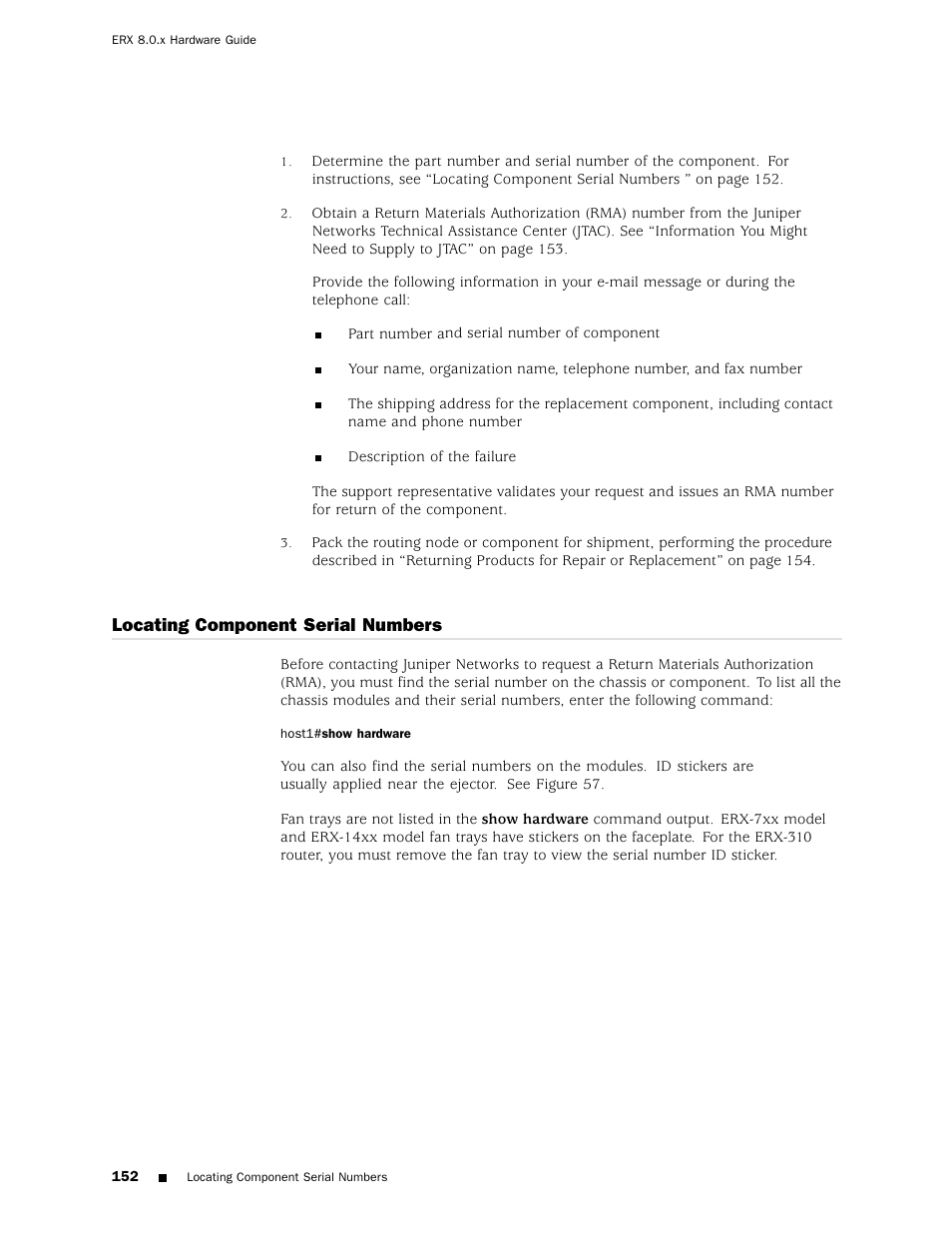 Locating component serial numbers | Juniper Networks ERX Hardware 8 User Manual | Page 170 / 183
