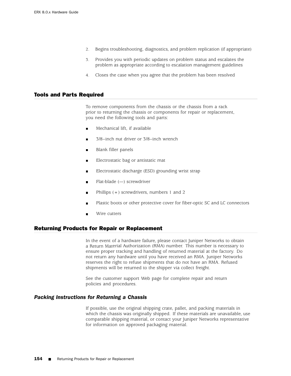 Tools and parts required, Returning products for repair or replacement, Packing instructions for returning a chassis | Juniper Networks ERX Hardware 8 User Manual | Page 172 / 183